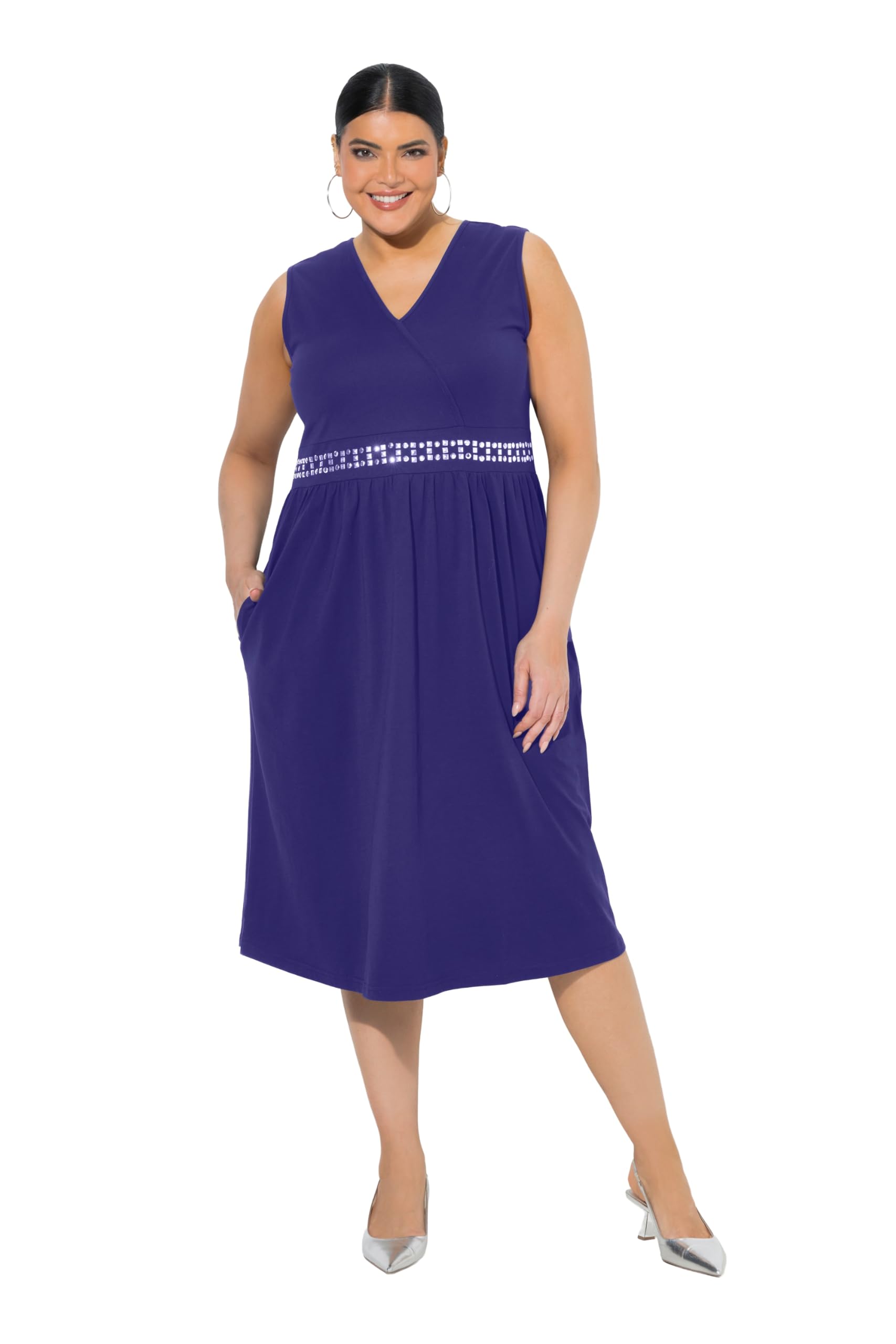 Ulla Popken Damen große Größen Übergrößen Plus Size Midikleid, Stickerei, Wickeloptik, V-Ausschnitt, ärmellos 849688