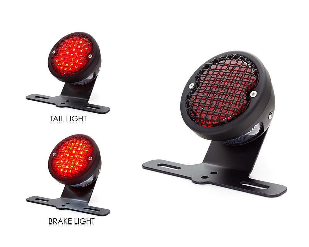 Alchemy Parts Feu stop arrière à LED vintage avec grille en maille rétro et support de plaque d'immatriculation | Idéal pour les cafés coureurs, choppers et vélos personnalisés | LED 12 V (noir)