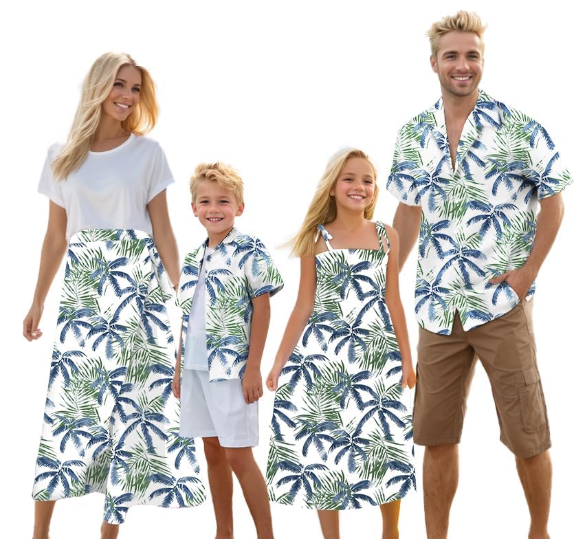 Image of Cromoncent Matching Hawaiian Outfits for Family, Dad and Son Matching Luau Beach Tropical Shirts Mommy Daughter Tropical Sets