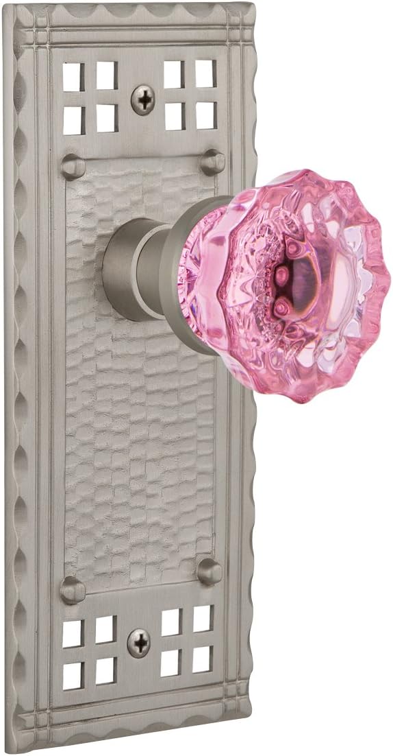 Nostalgic Warehouse 720388 Craftsman Plate Passage Crystal Pink Glass Door Knob in Satin Nickel, 2.375