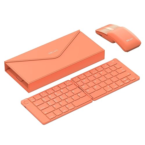DELUX PockCombo Portable Keyboard and Mouse Wireless with Protective Case, Bluetooth Foldable Keyboard, 2-in-1 Sliding Mini Mouse with Pointer (Orange) - Orange