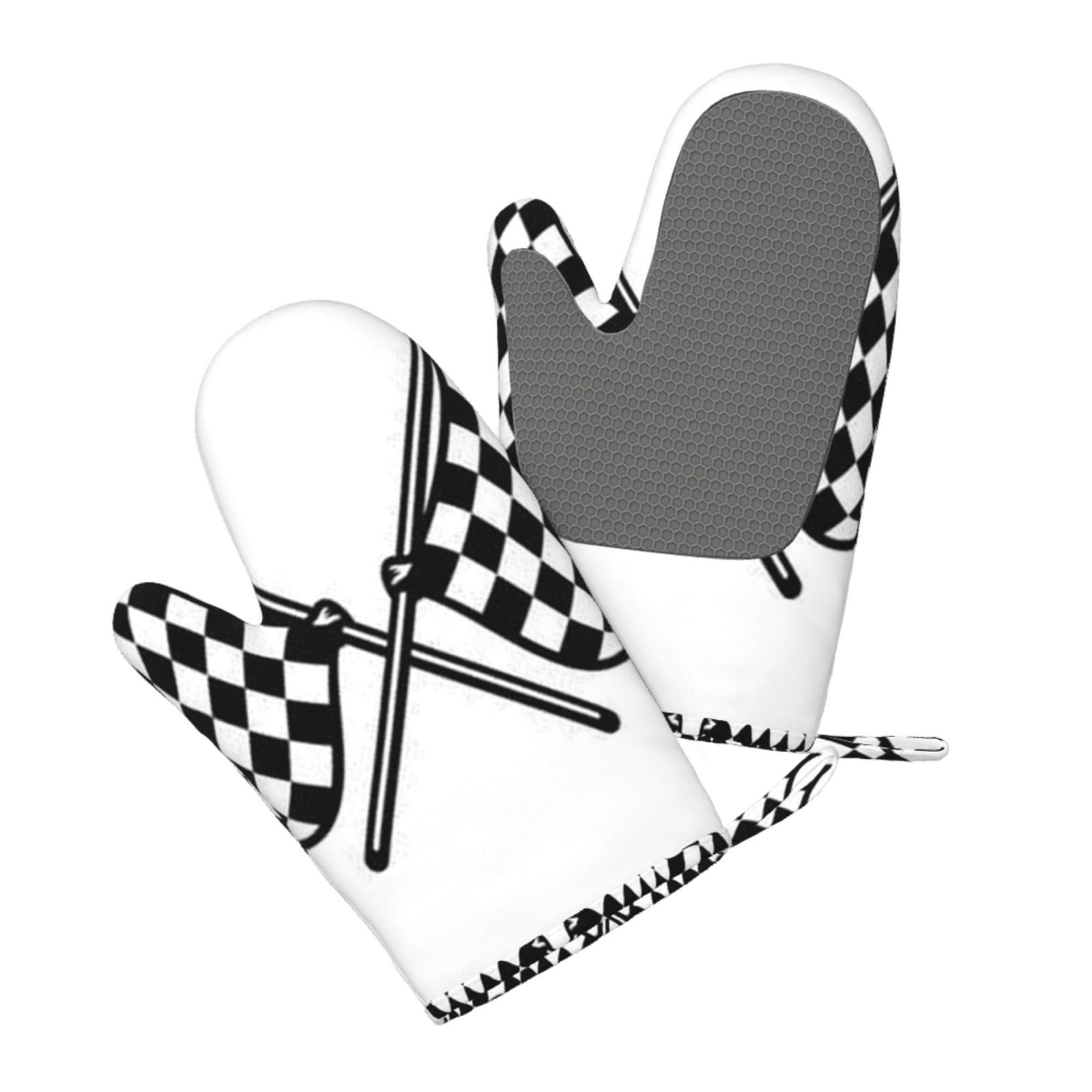 Silicone Oven Mitts Set 2PCS, Checkered Flags Race Flag Printed Heat Resistant Non-Slip Silicone Oven Gloves for Kitchen Cooking Baking Microwave