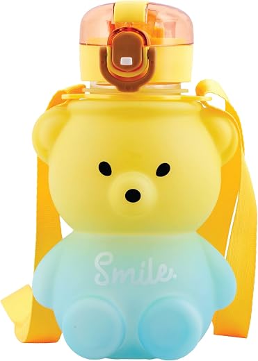 Koochie-Koo Plastic Teddy Bear Water Bottle for Kids, Push Button Water Bottle with Straw, Sipper Bottle for Kids with Adj...