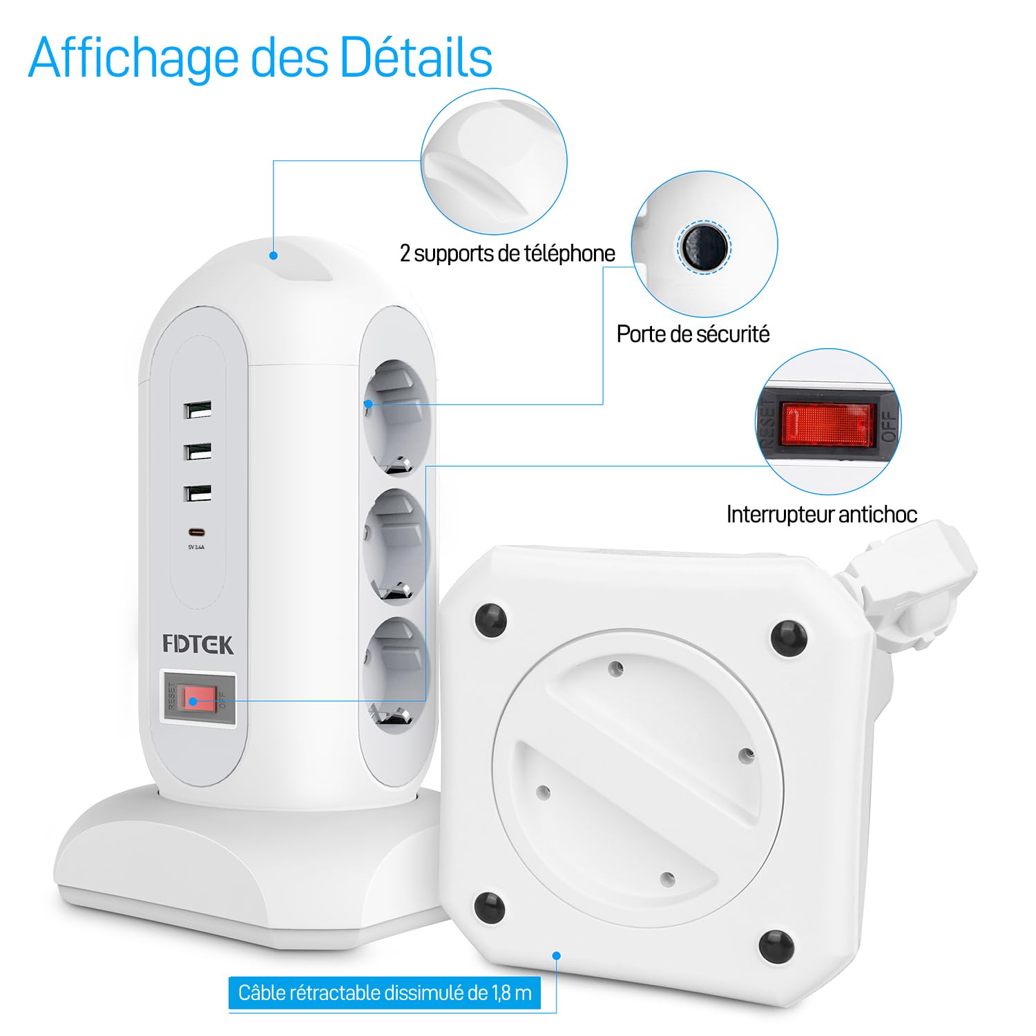 FDTEK 9 Prises Tour Multiprise avec Interrupteur avec 3 USB-A et 1 USB C | Prise Multiple Tour de Protection Contre Les Surcharges, Tour Prise avec Rétractable Cordon de 1,8M, Multiprise pour Maison