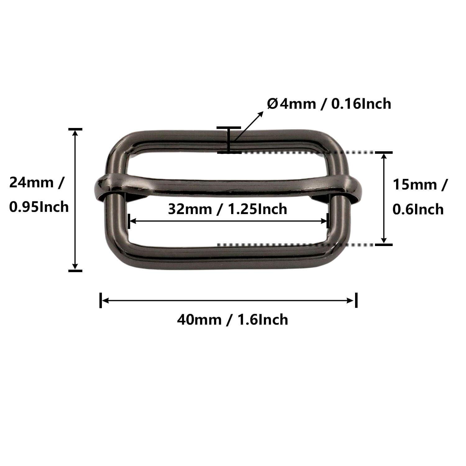 BIKICOCO Metal Slide Adjuster Buckle Tri-Glides with Movable Center Bar, for Straps, 1.25 x 0.6 Inch, Gunmetal, Pack of 20