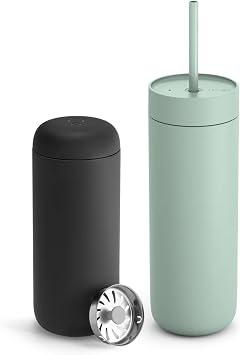 Fellow 16 oz Carter Move Travel Mug Matte Black & Carter 20 oz Cold Travel Mug Mint Chip Bundle - Stainless Steel Vacuum-Insulated Iced Coffee tumbler with Spill Resistant lid and straw