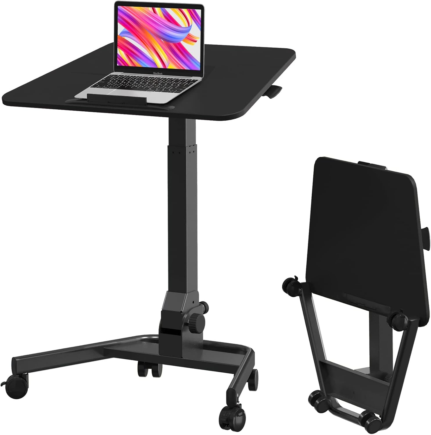 JYLH JOYSEEKER Foldable Mobile Standing Desk, Pneumatic Height Adjustable Rolling Sit Stand Desk, 90° Tiltable Portable Laptop Desk on Wheels, Mobile Desk Workstation for Home Office, Easy to Fold Black