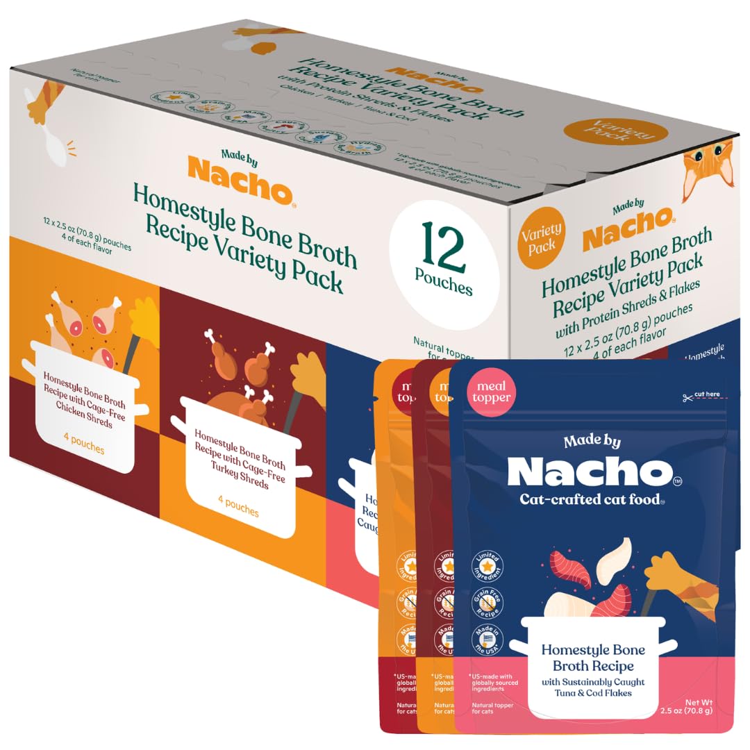 Made by Nacho Premium Wet Cat Food Topper with Bone Broth for Extra Cat Hydration, Chicken (x4), Turkey (x4), and Tuna & Cod Flakes (x4), 2.5oz Pouches (12 Pack)