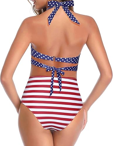 Miniatura 5 de Tempt Me - Traje de baño de dos piezas para mujer Bikini de cintura alta con cuello Halter vintage y retro, traje de baño con realce