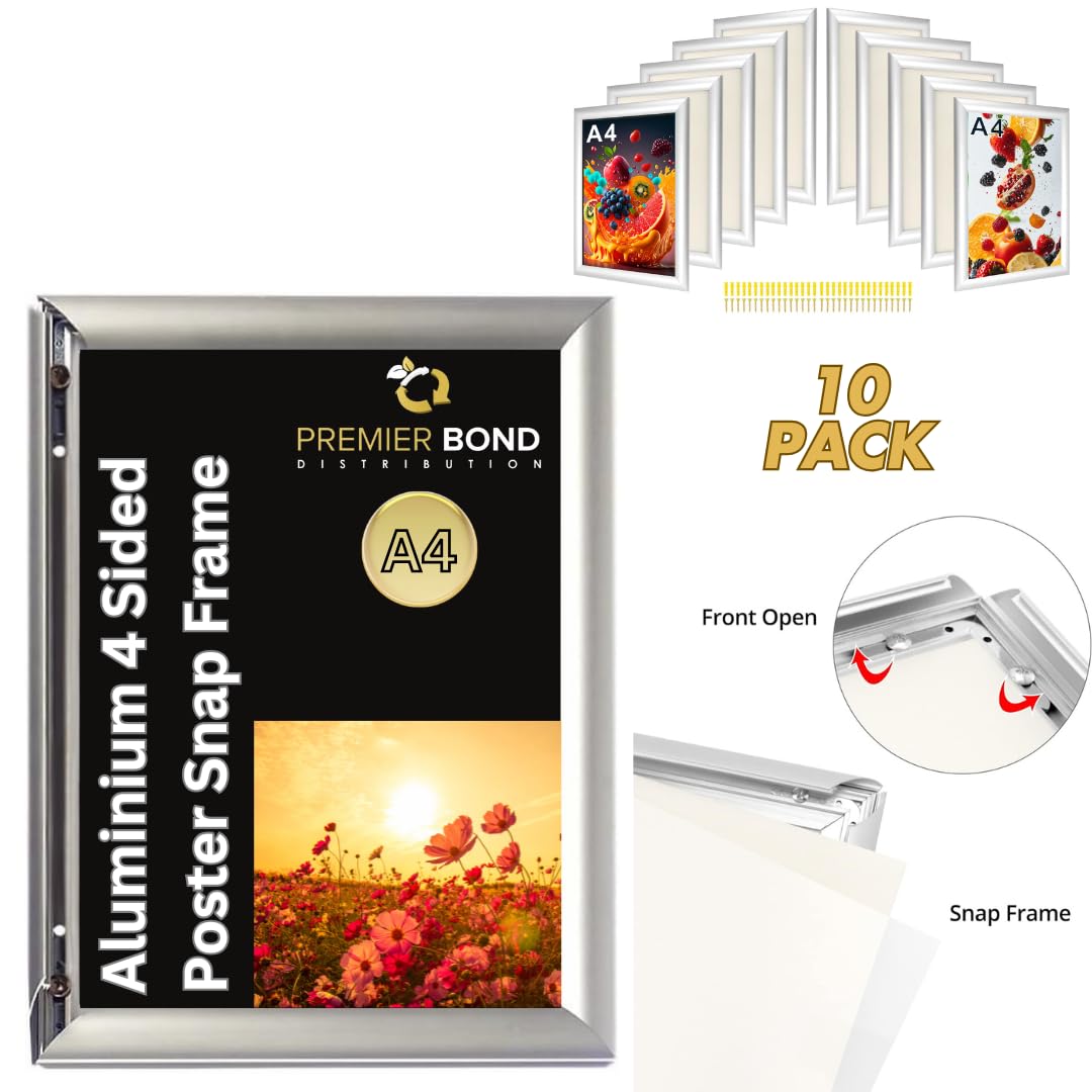 Cornice a scatto formato A4, confezione da 10 pezzi, cornice in alluminio argentato con profilo da 25 mm con copertura antiriflesso, facile apertura frontale, supporto per poster, certificati, foto o