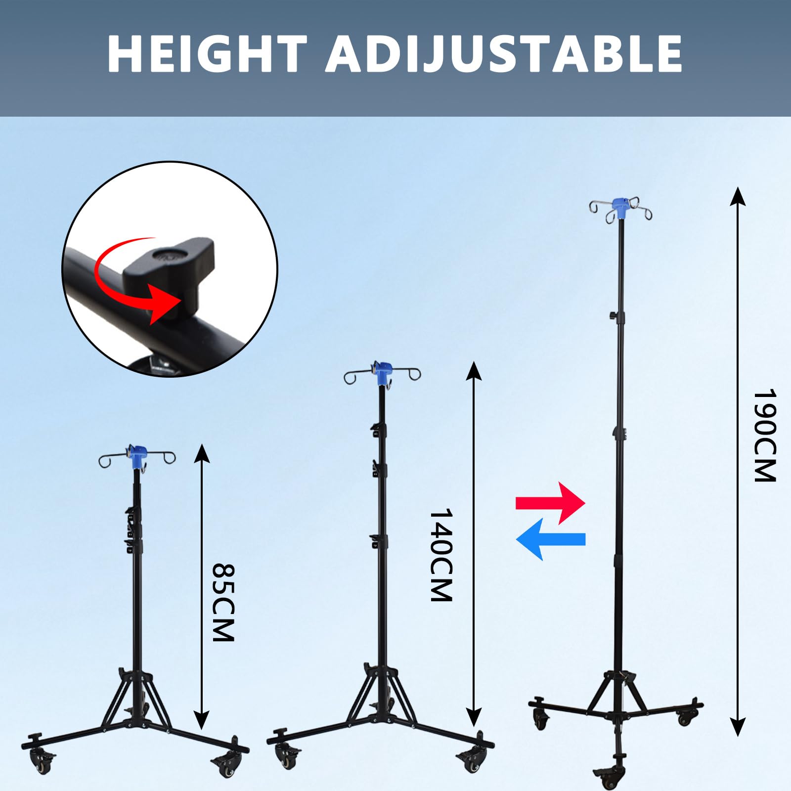 Soporte de Infusión Ajustable con Ruedas, Barra IV Plegable, Altura Ajustable 85 cm-190 cm, Soporte Intravenoso Portátil con 4 Ganchos y Trípode estable, Para Hospital y Cuidado del Hogar