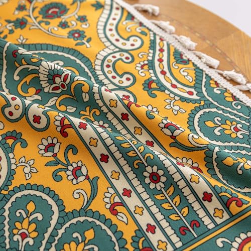 Image of Yellow Paisley Curtains 63 Inches Long, Boho Farmhouse Light Filtering Rod Pocket Drapes with Tassel Trim for Bedroom Living Room, 2 Panels
