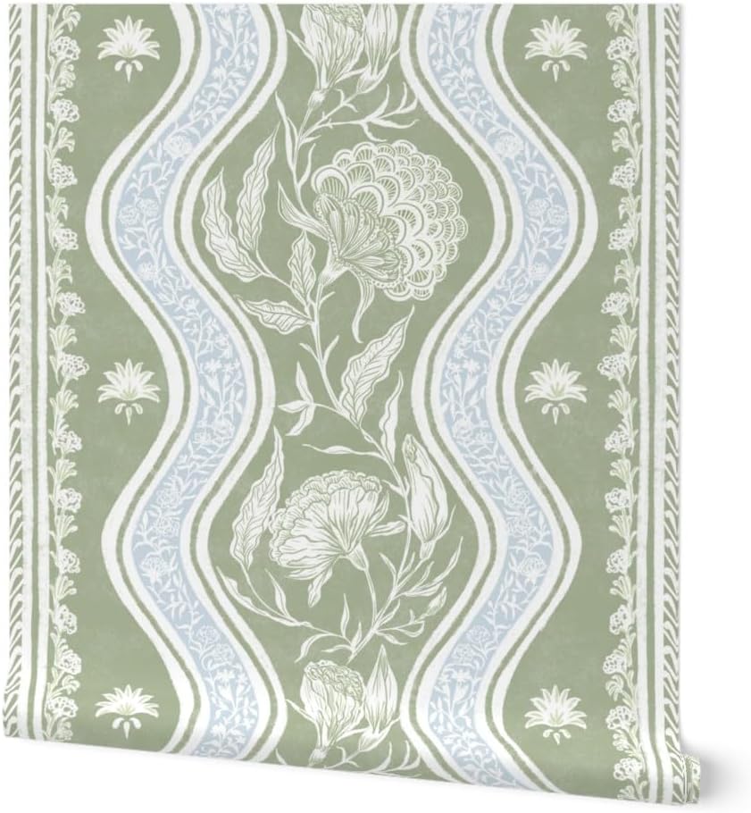 Spoonflower Removable Wallpaper Swatch - Botanical Stripe Romantic Victorian Garden Chintz Vintage Pale Blue Sage Green Large Scale Custom Pre-Pasted Wallpaper
