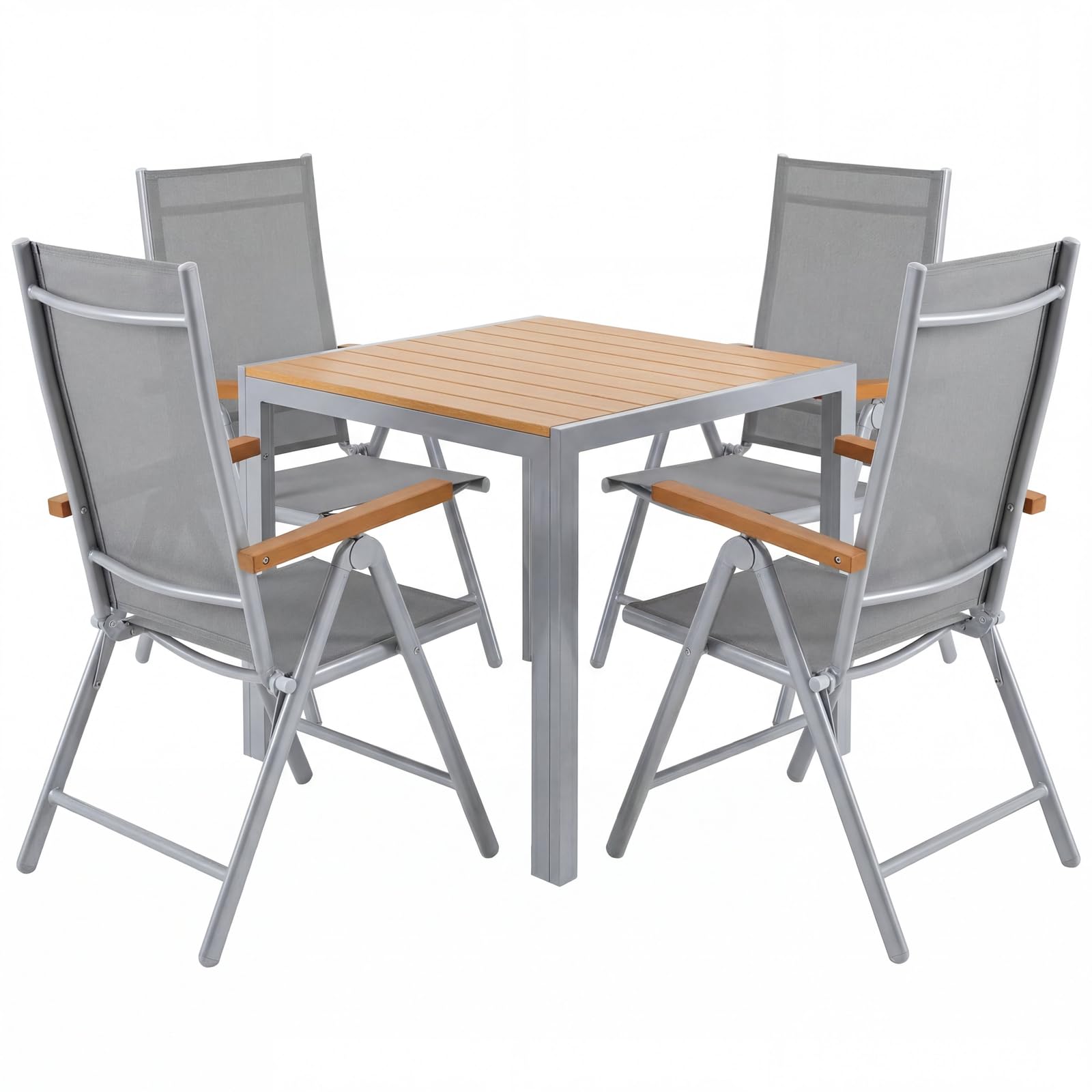 LIFERUN Alu Gartenmöbel Set 5-TLG, Balkonset 4 Stühle 1 Tisch, WPC Gartentisch + 4er Hochlehner Gartenstuhl Klappbar Wetterfest Aluminium Balkonmöbel für Veranden, Terrassen, Teakbraun+Hellgrau5pcs