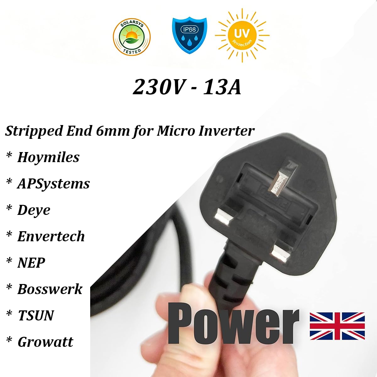 Solarsys Kabel zasilający 10 m H07RN-F 3G1,5mm² AC z 3-pinową wtyczką UK BS1363, 230V/16A, guma anty-UV, odsłonięta końcówka do instalacji solarnych/zewnętrznych