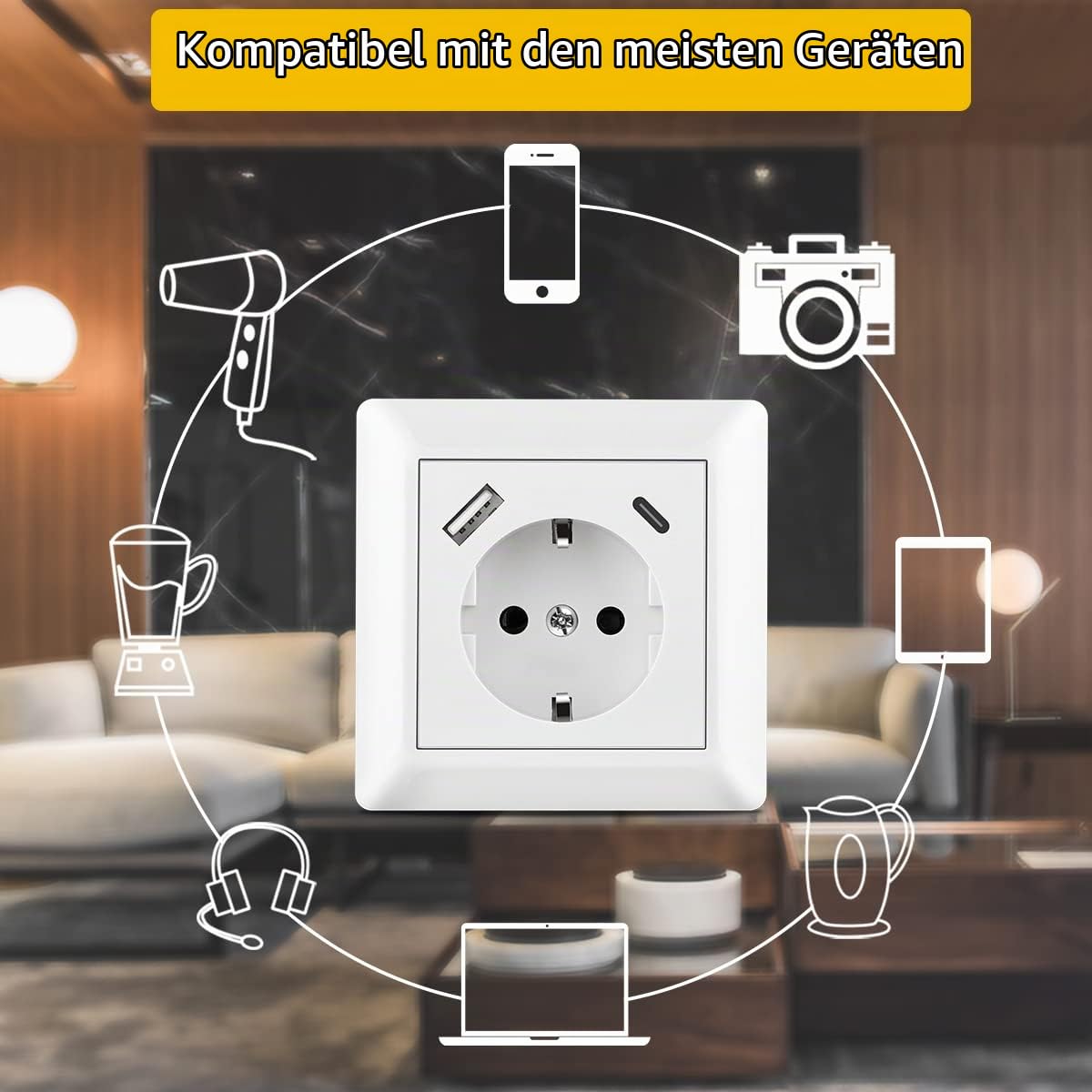 2 X Steckdosen mit USB Ladeanschluss und Typ C max. 3,4 A Schuko Steckdose USB Unterputz System 55 Reinweiß Glänzend Wandsteckdose Passt in Standard Unterputzdose für Smartphone MP3