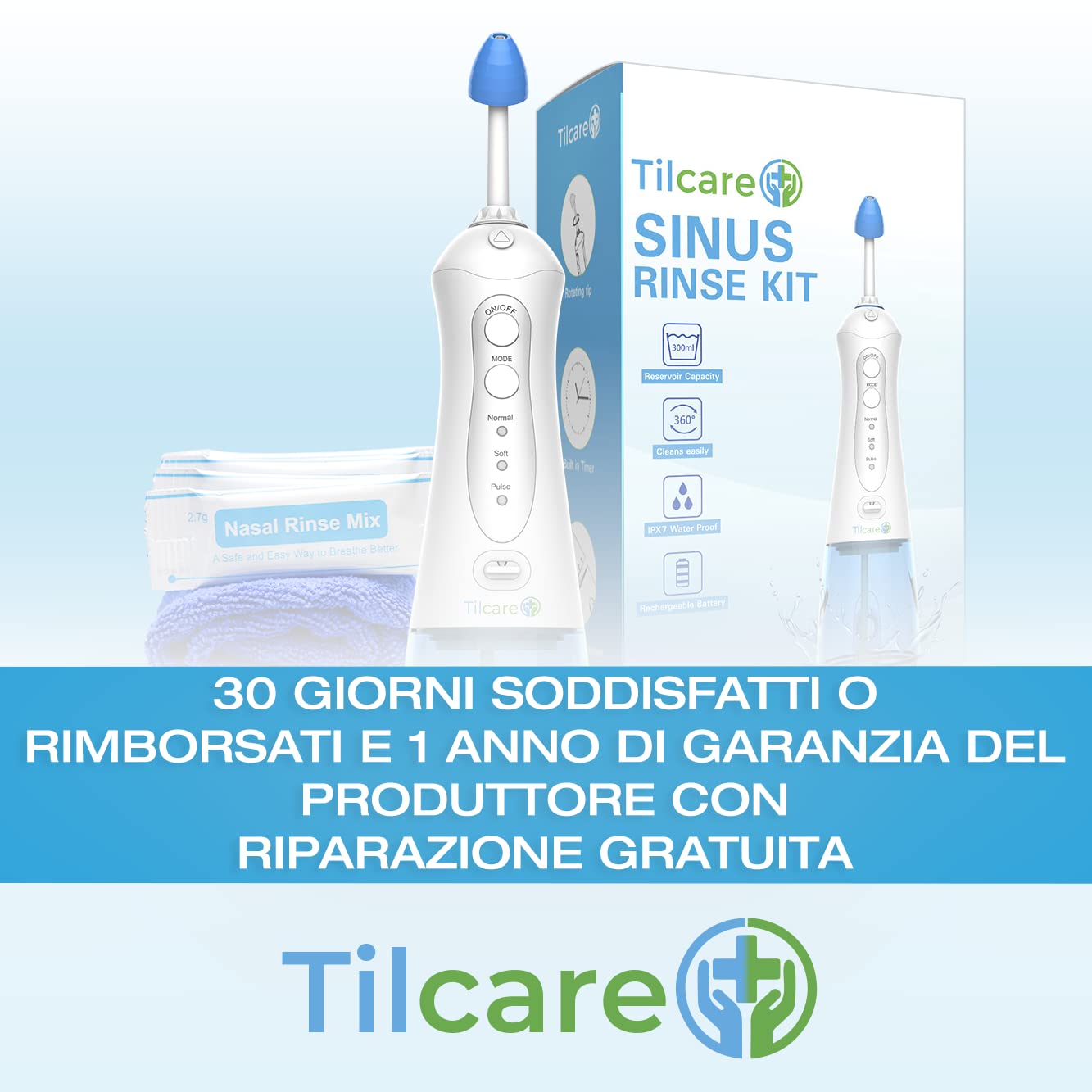 Kit Lavaggio Nasale di Tilcare - Perfetta Elettrica Neti Pot per Lavaggio Nasale per il Sollievo del Naso e dalle Allergie - Viene fornito con un Asciugamano e 30 Confezioni di Sale