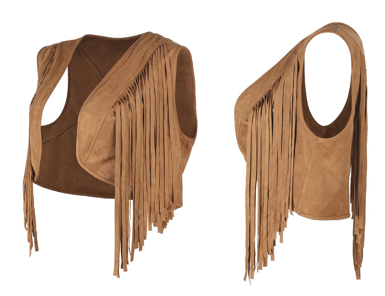 Women Sleeveless Short Jackets Cowboy Hat Outfits Set Ladies Retro Western Cowgirl Hippie Costume Vest with Tassel Faux Suede Cowboy Hat Fringe Vest Fancy Dress Costume Set Brown - Image 3