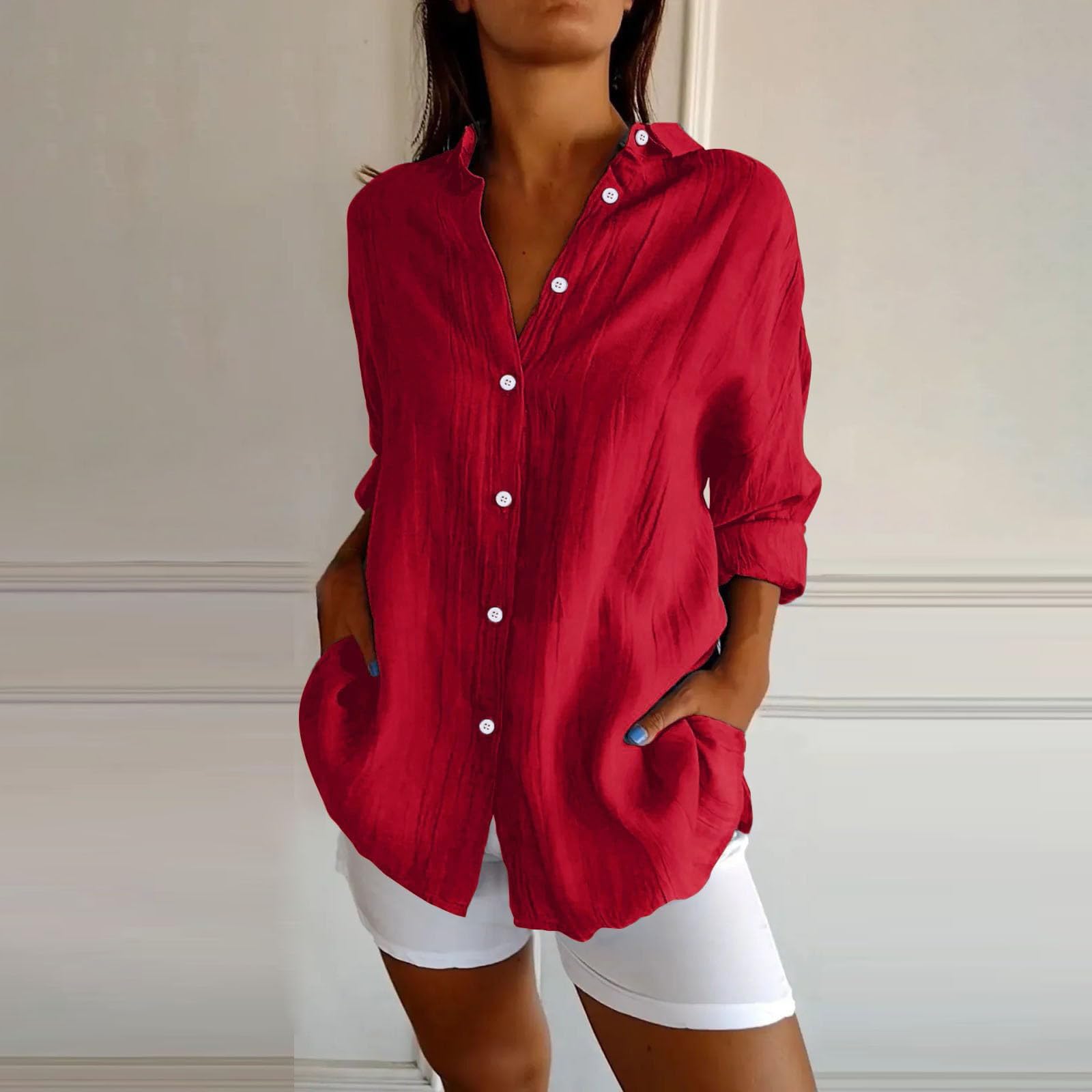 Camicie da donna in garza button down trendy 2026 classico estivo con colletto in lino camicette oversize risvolto vestibilità ampia abiti in mussola cotone manica lunga primavera abbigliamento donna