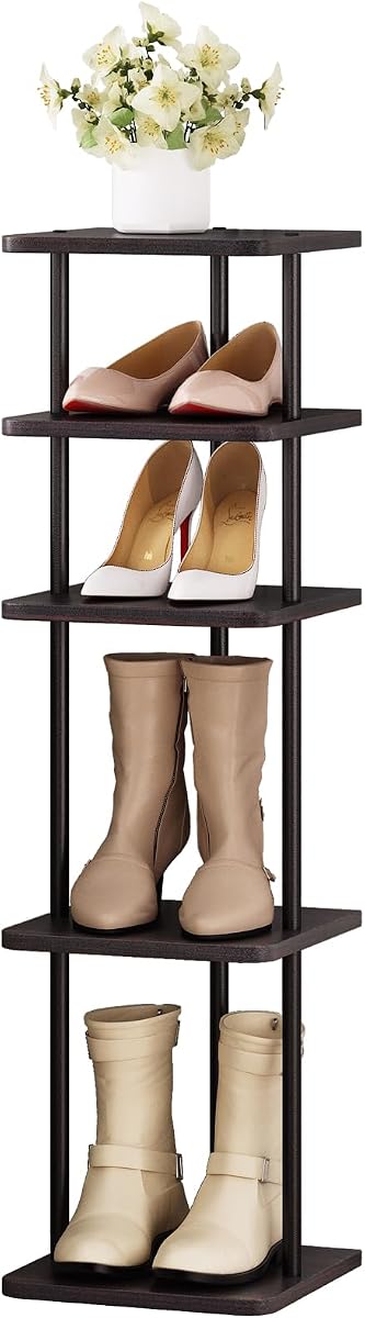 SORCEDAS Shoe Rack Vertical Shoe Shelf Narrow Tall Storage for Closet | 5 Tier Narrow Vertical MDF Shoe Storage Tower Space Saving Tall Shoe Shelf Organizer Perfect for Entryway Hallway and Closet