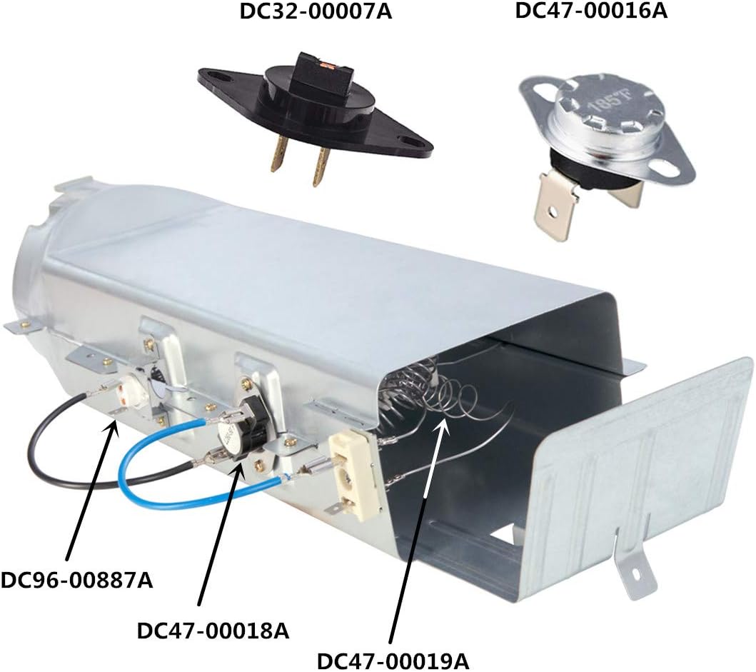 DC97-14486A Dryer Heating Element Heater Duct Assembly Compatible with Samsung includes DC47-00019A parts ,DC96-00887A and DC47-00016A Thermal Fuse,DC32-00007A Thermistor, Thermostat DC47-00018A Dryer Repair Replacement