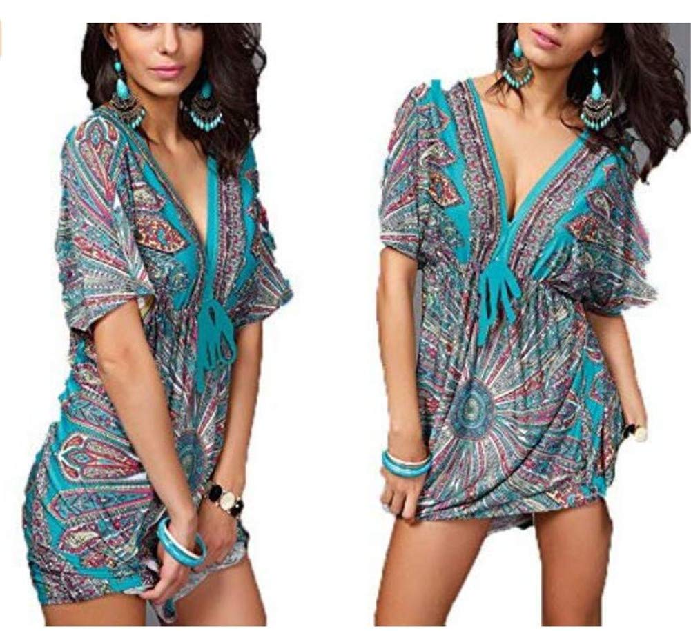 Hippolo Women Low-out Short Sleeves Bohemia Bathing Suit Beach Dress Cover Ups (Green)