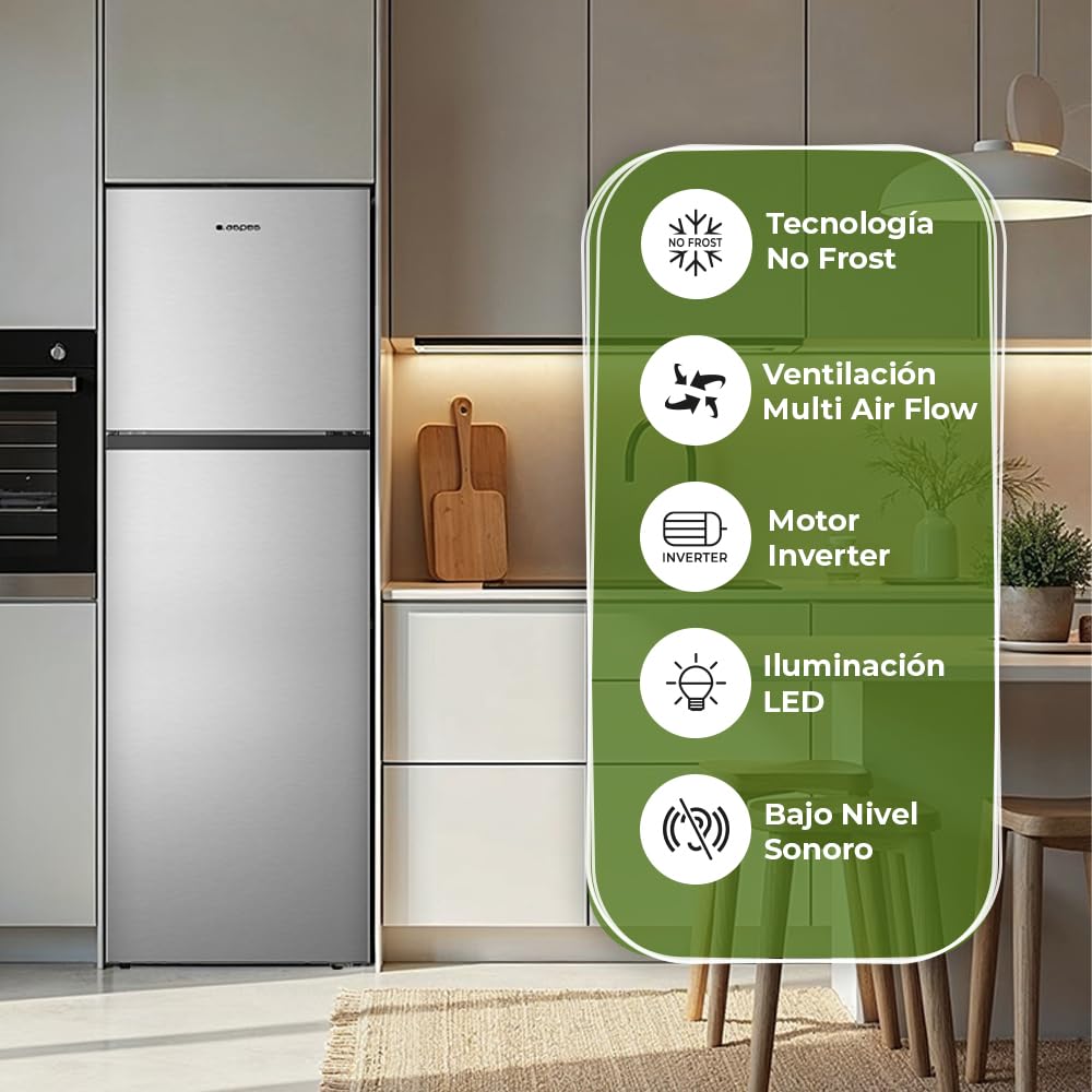Aspes Frigorífico 2 Puertas Inox AF1675501ENFX. Capacidad 251 Litros, Puerta Reversible, Bajo Nivel Sonoro, Eficiencia Energética Clase E
