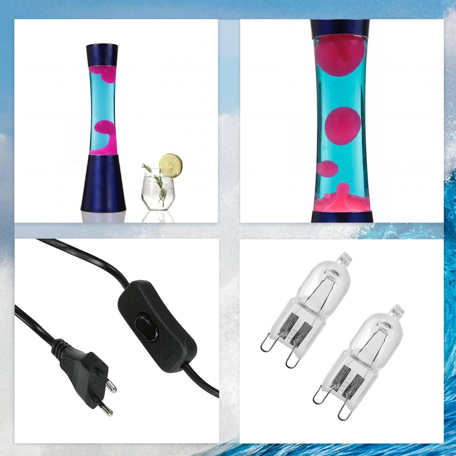 Licht-Erlebnisse Lavalampe Blau Pink, Dekolampe, Retro lampe, Geschenkidee Weihnachten, G9 30 W mit Kabelschalter, inklusive Leuchtmittel, beruhigend, Lavalampe groß