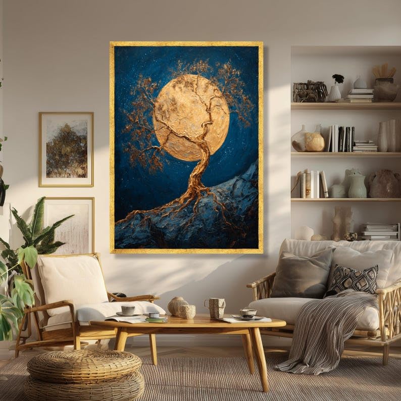 Tableau décoration bleue et or abstrait avec toile arbre de vie