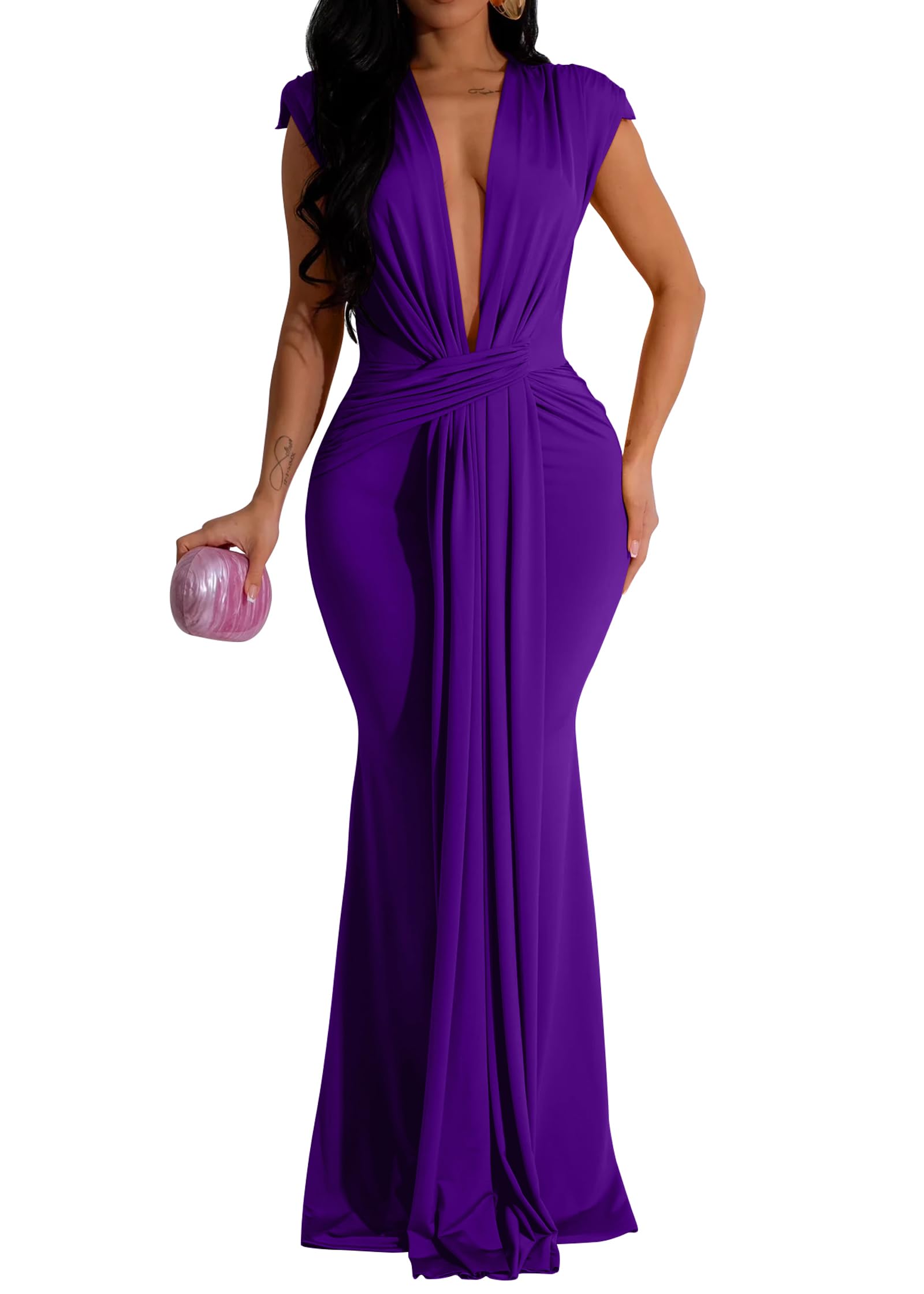 Memoriesea Women's Elegant Sleeveless Deep V Neck Bodycon Party Evening Gown Maxi Dress
