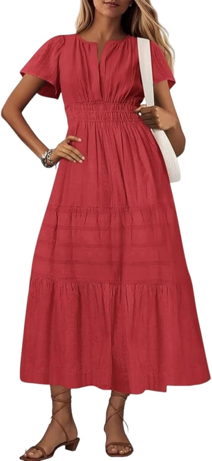 utcoco Women's 2025 Summer Short Sleeve V Neck Maxi Dress Casual Smocked Elastic Waist Flowy Swing Long Dress