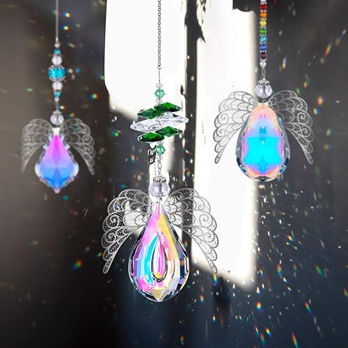 Miniatura 6 de HDCRYSTALGIFTS Atrapasoles de ángel guardián de cristal de 14 pulgadas, prismas de cristal arcoíris, para el hogar, ventana, jardín, decoración