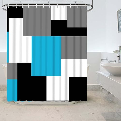 Miniatura 2 de KINUUIS Juego de 4 cortinas de ducha de baño azul claro, juego de baño gris y negro, blanco moderno con alfombras y accesorios, cortina de ducha