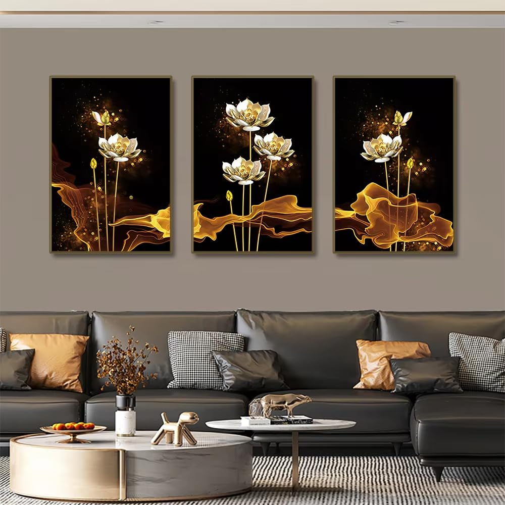 DFZEWKI frameless 3pcs Black Gold Lotus Flower Canvas Prints Modern Living Room Wall Art Decorative Posters(50x70cm(20x28in) x3/No frame)