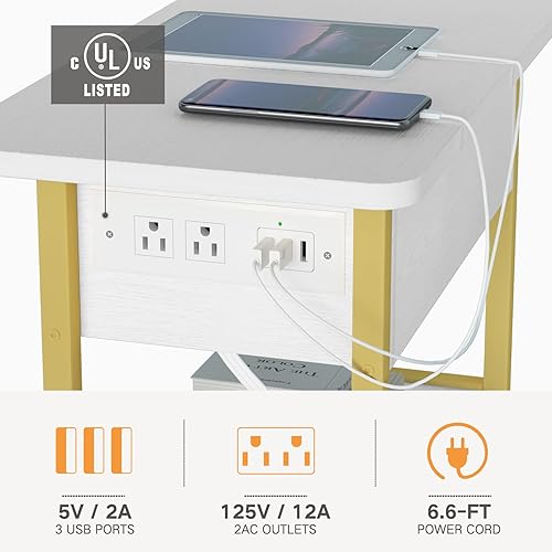 Miniatura 7 de Yenlure Mesa auxiliar con estación de carga, mesa auxiliar estrecha con 5 puertos USB y tomacorrientes, mesita de noche abatible para espacio