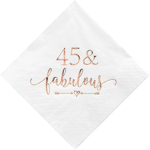 Crisky Servilletas de cóctel de 45 y fabulosas color oro rosa para mujer, decoraciones de cumpleaños 45, suministros de mesa de postre Bevergae para