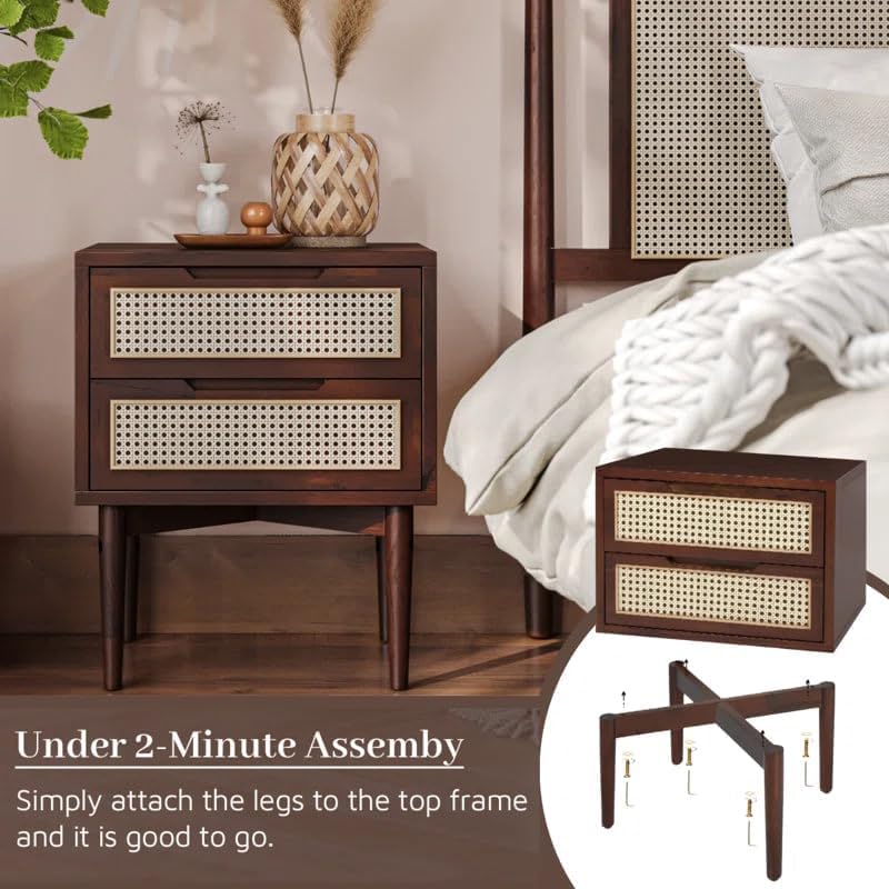 Image of MISAN Boston Solid Wood Bedside Table with Rattan Drawers Mid Century Night Stand for Living Room, Bedroom (Y-Walnut)