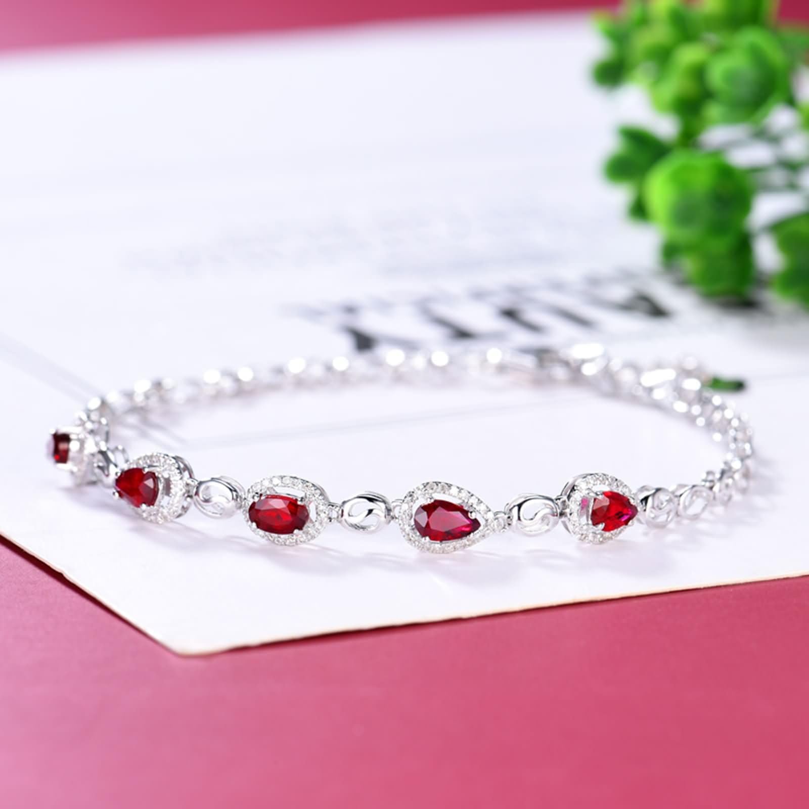 Pulsera Oro Blanco Mujer 9Kilates / 14Kilates / 18Kilates, Gota de Agua y Oval con Rubí Creado de 1,2 ct y Diamante, Cadena Extensible 16 CM + 5 CM, Pulsera Ajustable Mujer Cadena Plata Rojo