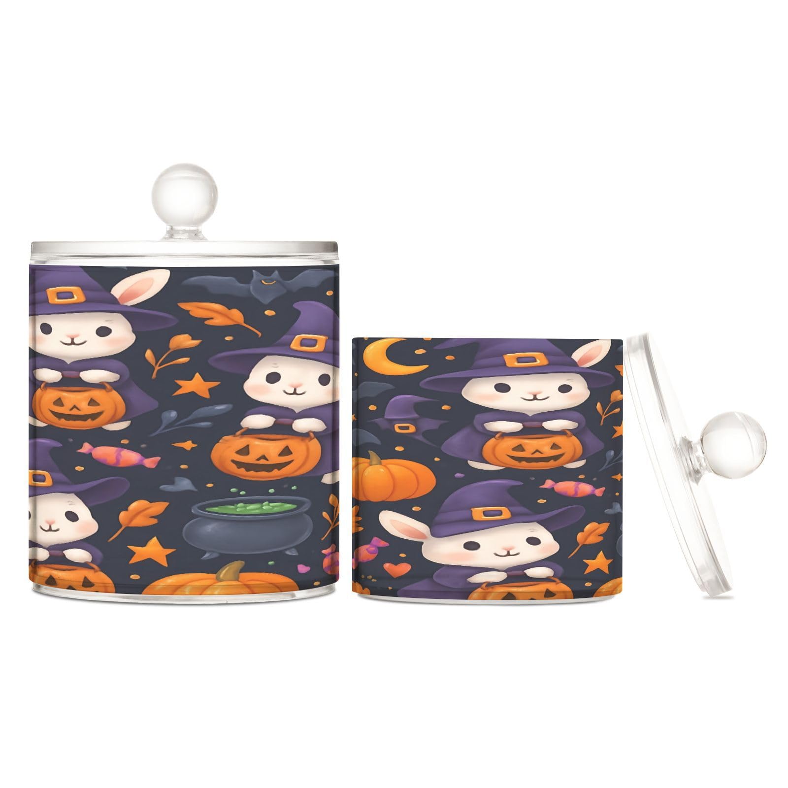 BOESI Bathroom Organizer Set of 2, Cotton Swab Caddy with Lid Dispenser, Cute Halloween Rabbit