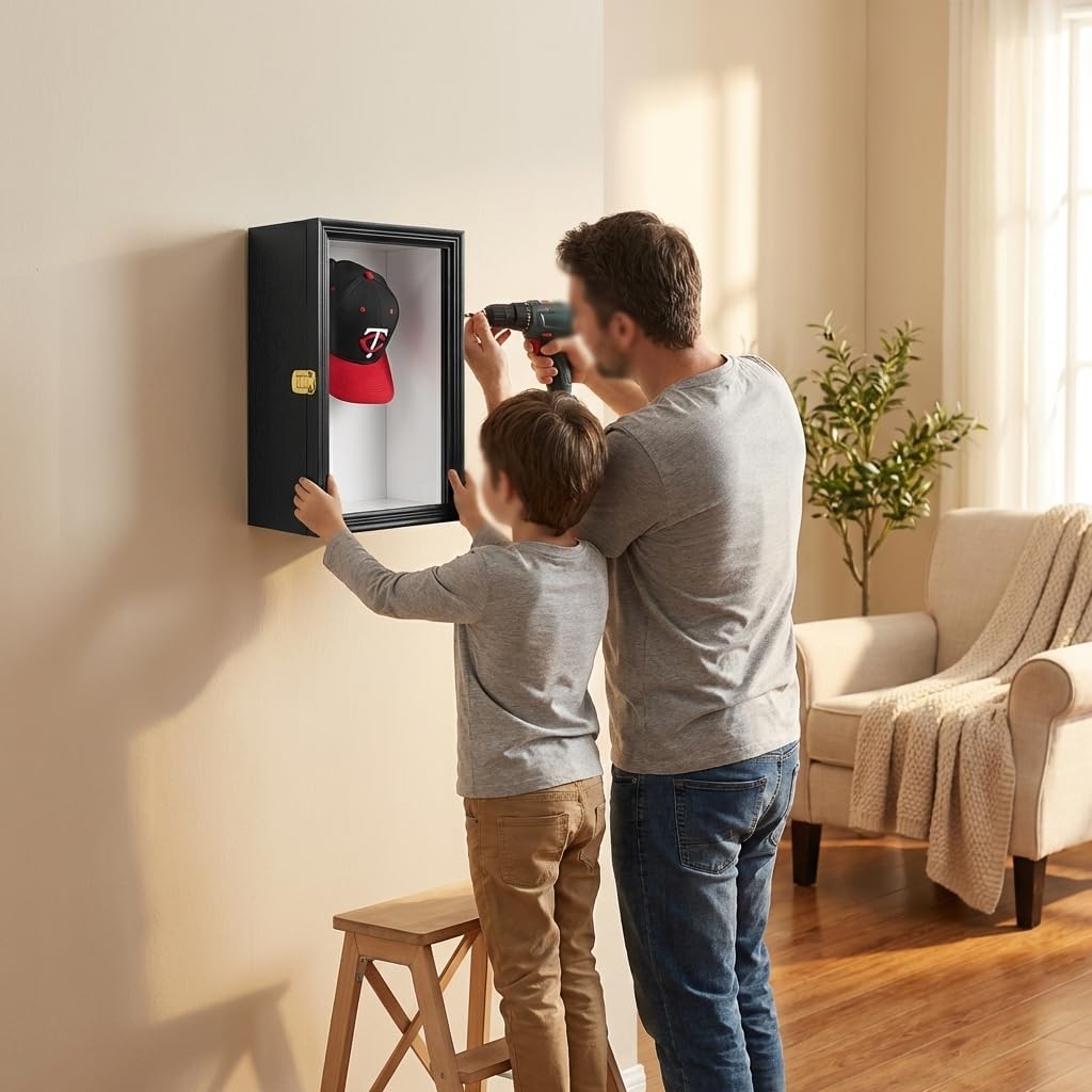 Hat Display Case with Hinged Door - Baseball Cap Shadow Box Ready to Hang, No Assembly Required, Includes Mounting Hardware & Hooks, Wall Mount Memorabilia Showcase for Collectors