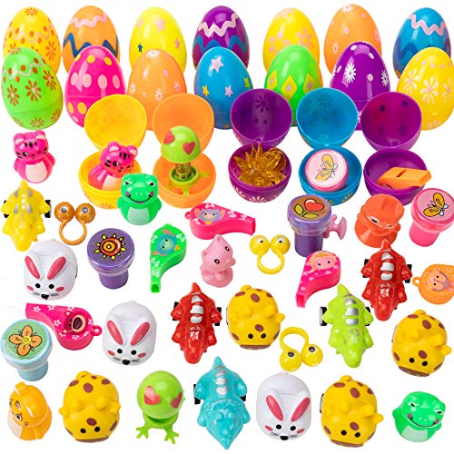 Joy Bang Easter Eggs with Toys Inside for Kids 48 Sets Large Plastic Easter Eggs Printed Bright Plastic Easter Eggs Empty Filled Eggs for Toddlers Boys and Girls