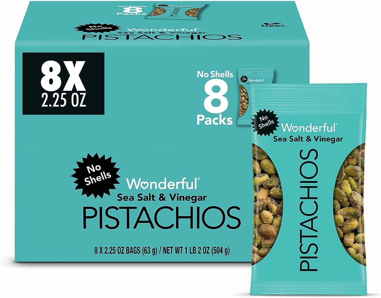 Wonderful Pistachios No Shells, Sea Salt & Vinegar Flavored Nuts, 2.25 Ounce Bag (Pack of 8), Protein Snacks, Gluten Free Snacks for Adults