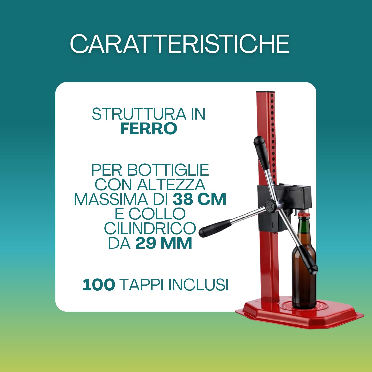 VIRSUS Tappatrice a Cremagliera 3 Leve RE220, Misura 27x52 cm, Peso 3,25 kg, Capsulatrice a Colonna Manuale da Tavolo per Tappi Corona Ø 26 mm Bottiglie Vino Birra + 100 Tappi a Corona Diam 26 mm