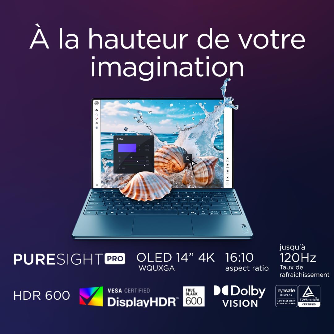 Lenovo Yoga Slim 9 14ILL10 - Ordinateur Portable 14'' 4K OLED WQUXGA Tactile Copilot+ (Intel Ultra 7 258V, RAM 32Go, SSD 1To, Intel Arc Graphics 140V, Windows 11 Home) Clavier AZERTY - Tidal Teal