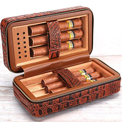 Cigar Humidor Case Cedar Wood Portable Lined Genuine Leather Case with Humidifier, Travel Humidor Crocodile Leather Case for 6 Cigars