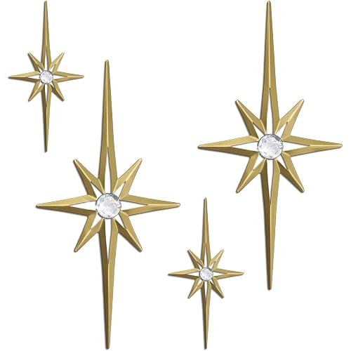 sxnzequnze 4 Pcs Star Wall Art for Home Decor Living Room Bedroom Office Metal 3D,Bling,with Hanging Hook Starburst Midcentury Sculpture Retro Gallery Accent Celestial -Gold 16.5in/9.4in