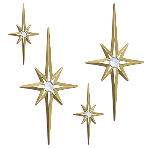 sxnzequnze 4 Pcs Star Wall Art for Home Decor Living Room Bedroom Office Metal 3D,Bling,with Hanging Hook Starburst Midcentury Sculpture Retro Gallery Accent Celestial -Gold 16.5in/9.4in