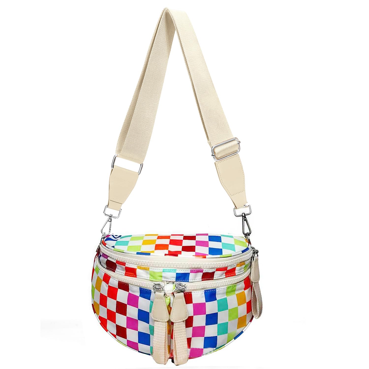 Duyijiff Crossbody Bum Bags for Women - Checkered Cross Body Fanny Pack Nylon Large Belt Bag (A02 Rainbow White)
