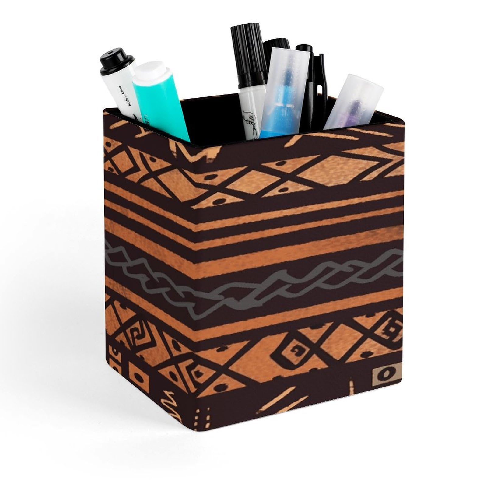 LZQPOEAS African Mud Cloth Tribal Square Pen Pencil Holder PU Leather Pencil Cup Desktop Stationery Organizer Office Accessories Container