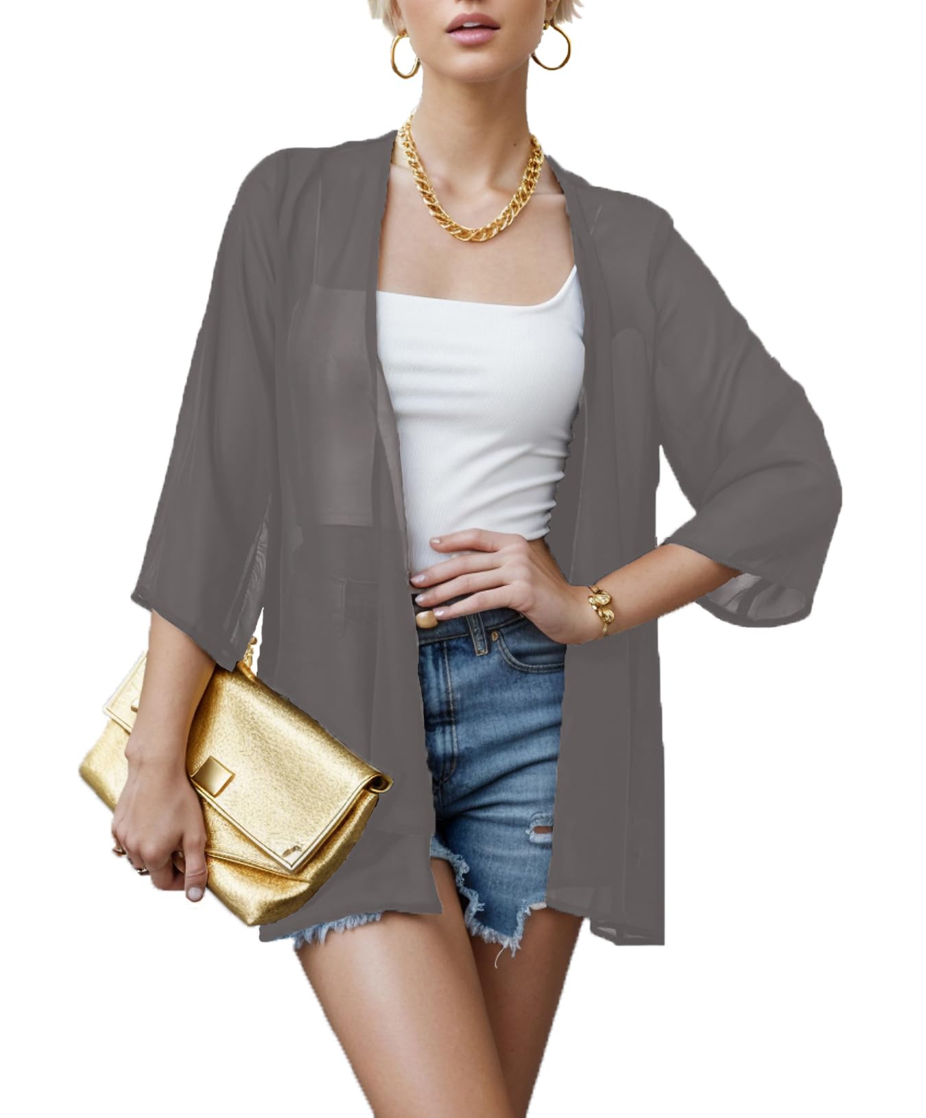 Hey Joo Women's Sheer Chiffon Kimono Cardigans Open Front Loose Swimsuit Cover up Shawl Capes Grey M